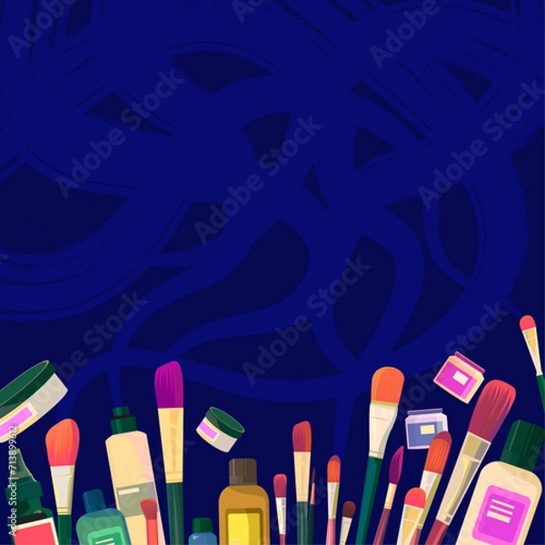 Fototapeta background with brushes and materials for painting and creativity, for text, the theme of art materials, background for art schools, studios, online classes, stores  art materials or artistic concept