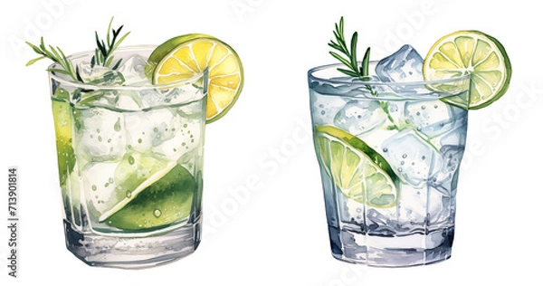 Fototapeta set of two glasses of Gin and tonic alcoholic drink watercolor illustration png isolated on a transparent background, cocktail clipart 