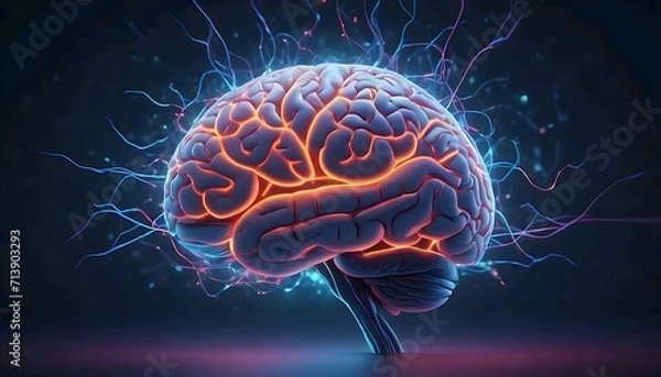 Fototapeta Dynamic 3D Brain, Neon Lines Illuminate Neural Network Connections.