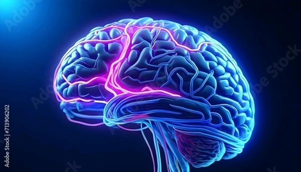 Fototapeta Dynamic 3D Brain, Neon Lines Illuminate Neural Network Connections.