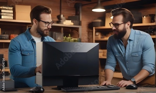 Obraz Two Caucasian Male Tech Startup Founders Using Old Desktop Computers In Retro Garage At Night. Software Developers and Experience Designers in the new year