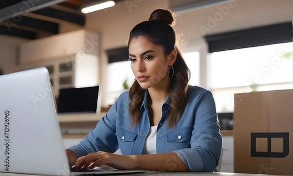 Obraz Hispanic Woman Software Developer Programming On Laptop Computer In Garage At Home.