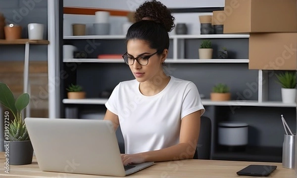 Obraz Hispanic Woman Software Developer Programming On Laptop Computer In Garage At Home.