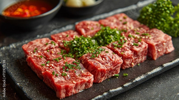 Fototapeta Japanese marbled beef steak. The meat is of very high quality. On the table. Unusual background. With spices and rosemary.
