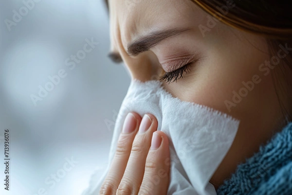 Obraz Close-up of a woman with a cold blowing her nose into a handkerchief, flu and other viral infections