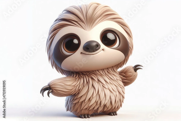 Fototapeta full body little cute happy sloth 3d character with bulging eyes on solid a white background. ai generative