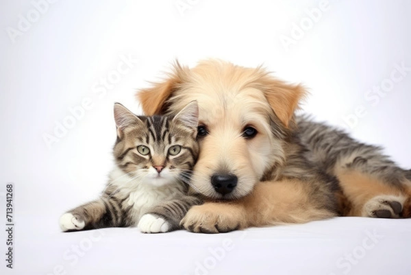 Fototapeta Photo of cute cat and dog hugging each other