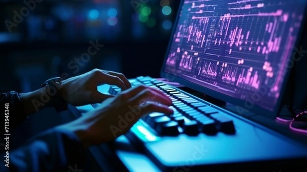 Fototapeta A dynamic shot of a programmer's hands typing on a mechanical keyboard, showcasing the rhythmic and precise nature of coding.
