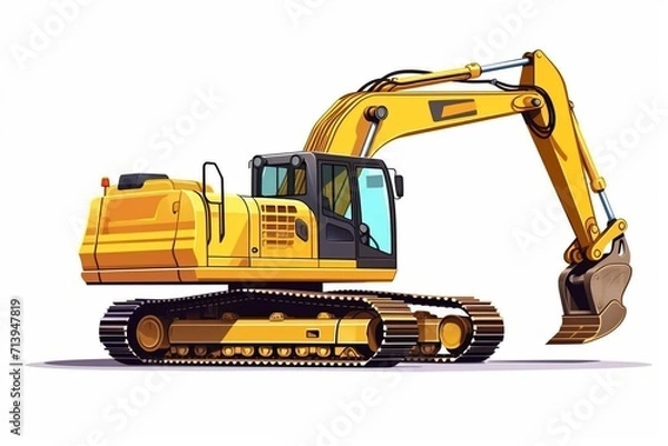 Fototapeta Isolated crawler excavator with extended bucket. Construction equipment for earthworks. Close-up view. Generative AI
