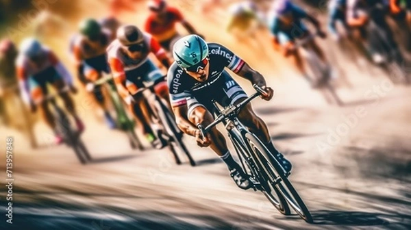 Fototapeta bike racers riding on the track in watercolor. they cycle through rural and forest roads.