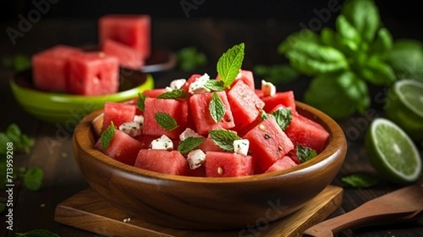 Fototapeta Refreshing watermelon and feta salad with mint leaves for a burst of flavor.