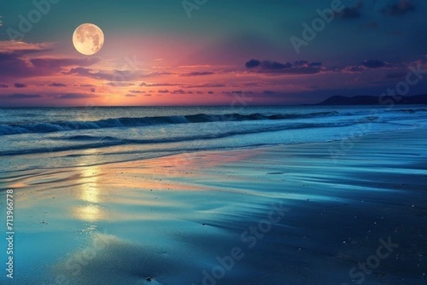 Fototapeta breathtaking view of a beach during sunset with a full moon visible in the sky