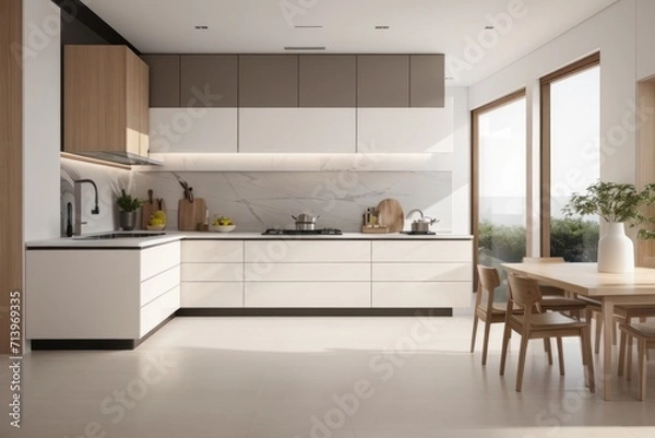Fototapeta Interior home design of modern kitchen with wooden kitchen cabinets near the window