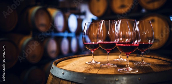 Fototapeta Glass of red wine with a blurred background of cellar, wine-vault with barrels. Generative AI