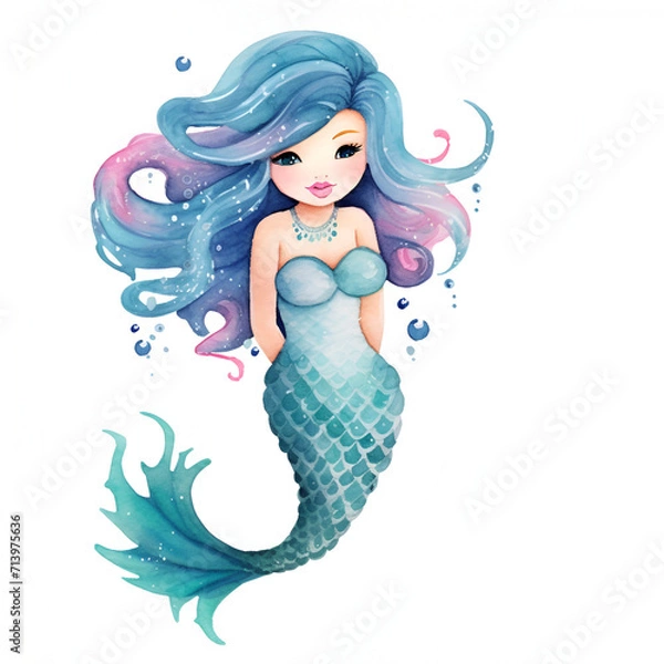 Obraz Beautiful Mermaid Watercolor Clipart, Cute Design for Your Project, Ai Generative