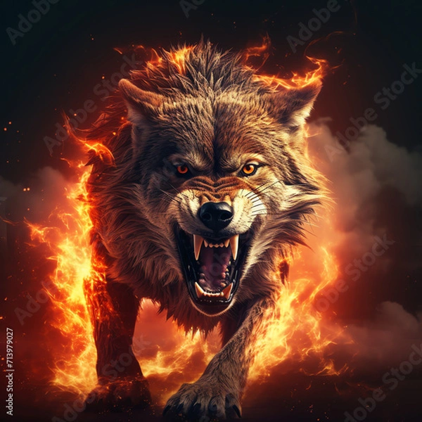 Fototapeta arafed image of a wolf with fire coming out of its mouth