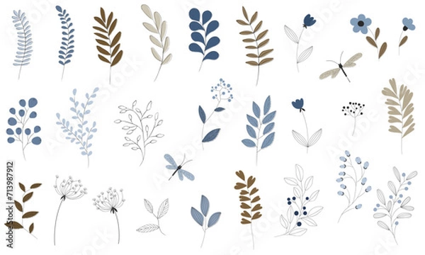 Obraz Hand drawn round line border, leaves and flowers, wedding invitation and cards, logo design and posters template. Elegant minimal style floral vector isolated set