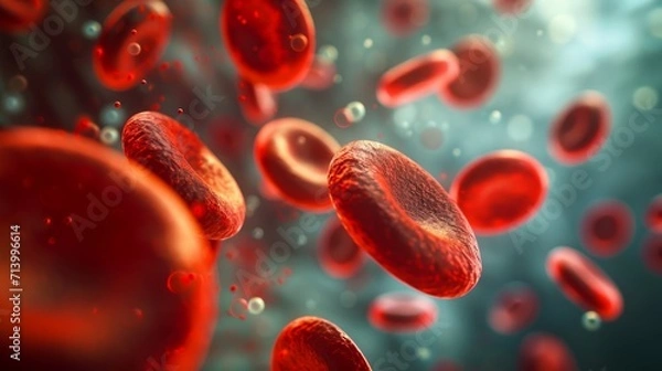 Fototapeta 3D illustration electron microscope of red blood cells, Close-up under a microscope in the body. Scientific medical background