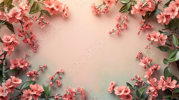 Fototapeta Floral flowers and leaves form up a shape of circle frame and empty copy space at center. Floral frame mockup. Blank background
