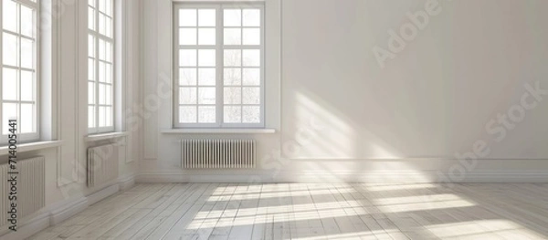 Fototapeta White wall in empty room at home with plastic window and radiator.
