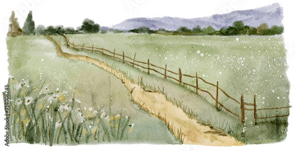 Obraz beautiful field and mountain watercolor landscape