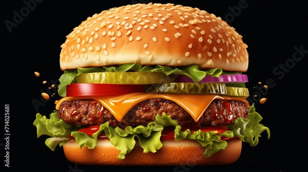 Fototapeta hamburger on black background,generate ai	