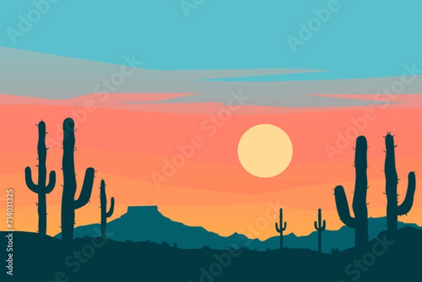 Fototapeta Sunset in the Wild West. Beautiful desert landscape with sandstones and silhouettes of cacti. Panorama of the desert. Vector illustration for design, poster, banner, card or print.