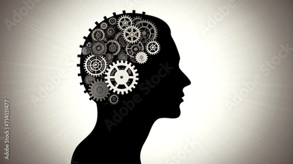 Fototapeta Silhouette of a Man with Gears in His Head - Biomechanical Intelligence - Surreal Illustration