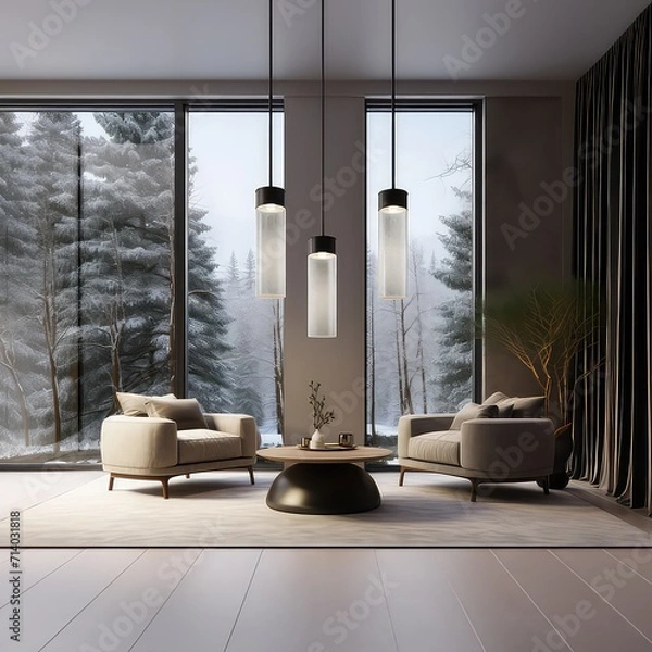 Fototapeta Modern and minimalist living room with hanging lamp, Generative AI