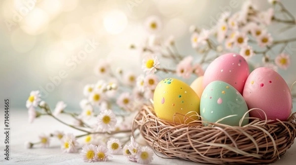 Fototapeta Easter postcard with pastel rainbow eggs in a wicker basket