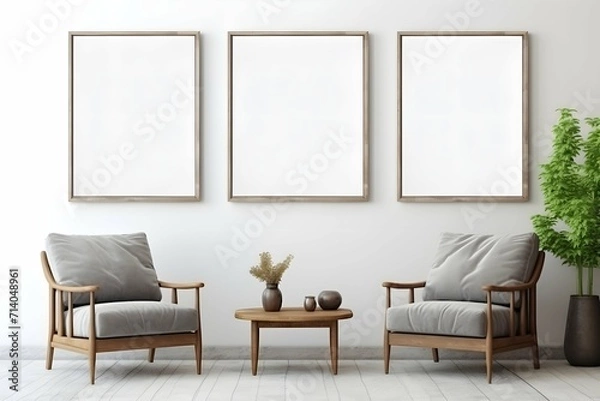 Obraz mockup picture frame on wall in minimalist bright interior with armchair, small table and houseplant