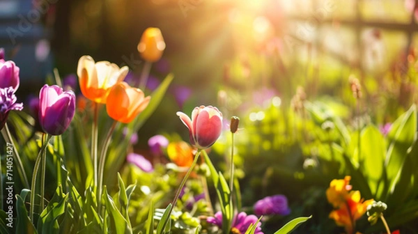 Fototapeta Spring background. Beautiful Flowers In The Garden In The Morning Sunshine. Spring Concept. Copy paste area for texture