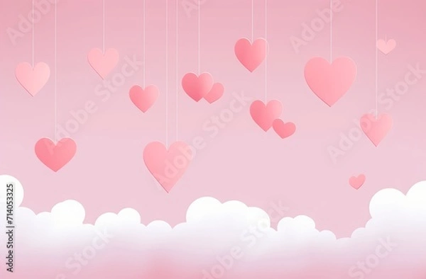 Obraz Happy valentines day background with love hearts decor. Joyful valentines day wishes card with papercut clouds design. Valentine's day card with hearts.