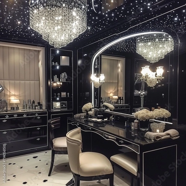 Fototapeta makeup room designed in a luxurious black and white theme, featuring a sparkling star roof and