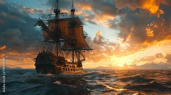 Fototapeta A pirate ship passes between rocks in the ocean against the backdrop of the setting sun.