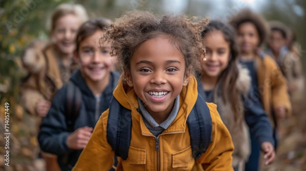 Fototapeta Smiling multi national schoolchildren are outdoors. Time together. School life concept. Selective focus.  