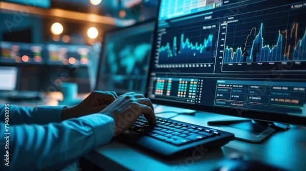 Fototapeta analyst uses computer and dashboard for data business analysis and Data Management System with KPI and metrics connected to the database for technology finance, operations, sales, marketing