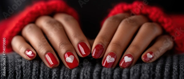 Obraz Black woman's nails with beautiful red manicure with Valentine's Day design. AI generated