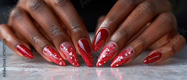 Obraz Black woman's nails with beautiful red manicure with Valentine's Day design. AI generated