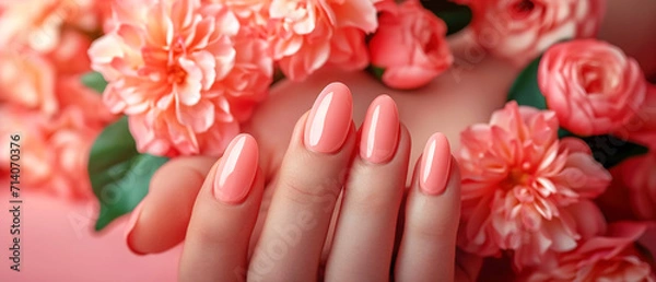 Obraz Woman's nails with beautiful manicure with flowers. AI generated