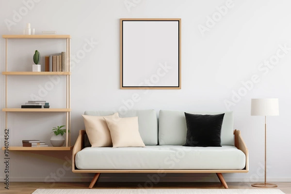 Fototapeta Cozy home interior with a couch near a window and a mockup frame