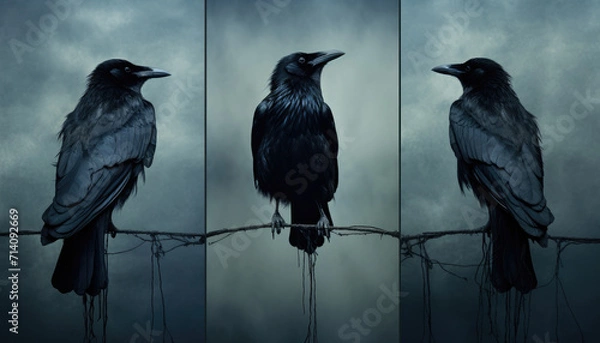 Obraz Black crow horror concept surreal triptych composition background