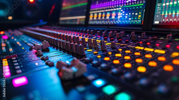 Fototapeta A close-up shot of a recording studio mixing desk, capturing the intricate details of faders, buttons, and LED displays, with vibrant meters and screens displaying soundwaves, crea