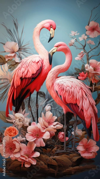 Fototapeta Drawing of a pair of pink flamingos among tropical leaves and flowers, red colors, vintage style. Vertical image.