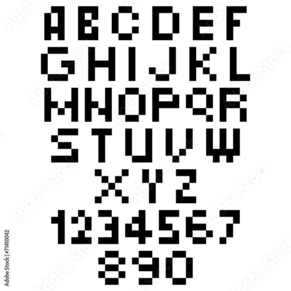 Fototapeta Pixel Font - Alphabets and numerals characters in retro square