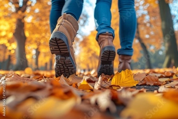 Fototapeta Snapshot of youthful pair strolling in fall foliage.