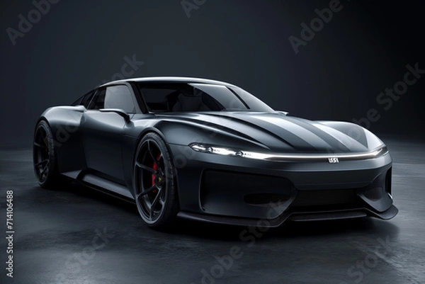 Fototapeta Black car parked on a concrete floor. The car is , a high-performance sports car.