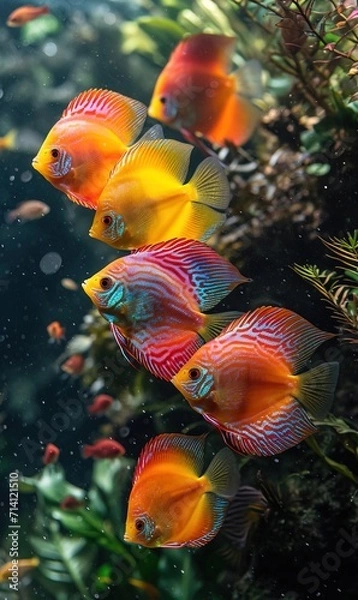 Fototapeta VIbrant tropical mesmerizing fish in aquarium. AI generated image