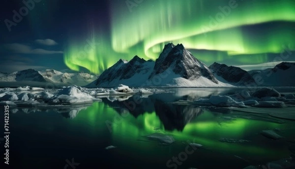 Fototapeta View of night sky with multicolored aurora borealis and snowy mountains peak background. Night glows in vibrant aurora reflection on the lake with forest. 