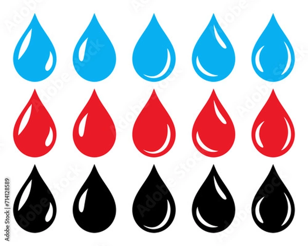 Fototapeta Water, blood and oil drop symbol icon set in blue, red and black color. Set of glossy water, blood and oil drop icon set isolated on white background.